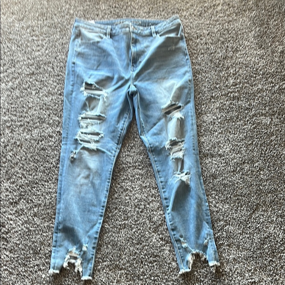 American Eagle Blue Skinny Distressed Jeans with Frayed Hems